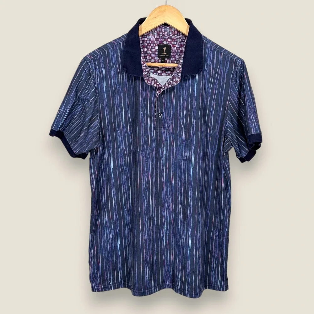 1 Like No Other Polo Shirt Men Medium Blue Striped Polyester Stretch Contrast